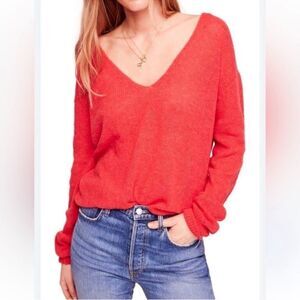 Free People Gossamer Alpaca Blend V Neck Sweater in Coral